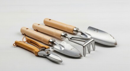 A set of gardening tools including trowels, a rake, and pruning shears on a white background