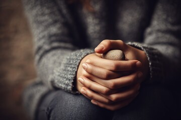 Hands gently holding a smooth stone in a warm indoor space during a calm moment of reflection