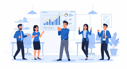 Business Team Celebrates Achieving Goals With Graph On Whiteboard