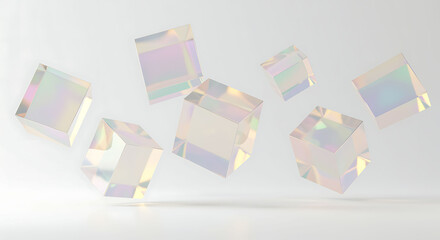 Iridescent cubes floating on white background, abstract geometry
