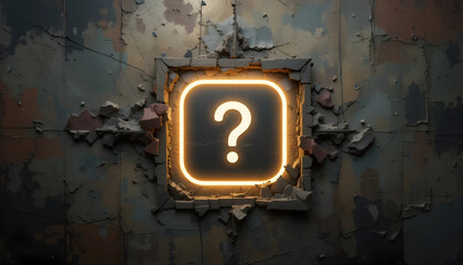 Glowing Orange Question Mark Icon Centered on a Dark, Grunge, and Rusty Exploding Metal Wall Background, Concept for Mystery, Crisis, Unanswered Questions, Discovery, or Dramatic Game Interface