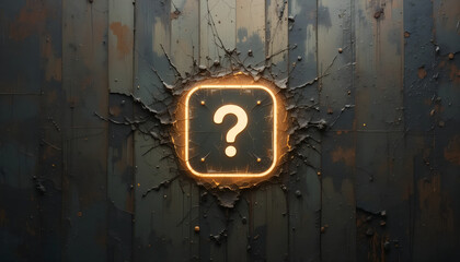 Glowing Orange Question Mark Icon Centered on a Dark, Grunge, and Rusty Exploding Metal Wall Background, Concept for Mystery, Crisis, Unanswered Questions, Discovery, or Dramatic Game Interface