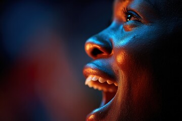 Joyful expression captured during a lively performance in an intimate setting at night
