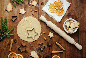 Christmas cookie dough with cutters and star shapes for festive baking and holiday food concept