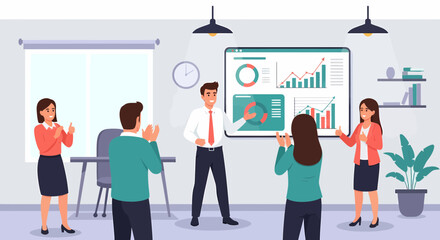 Positive Business Presentation With Data Charts Meeting At The Office