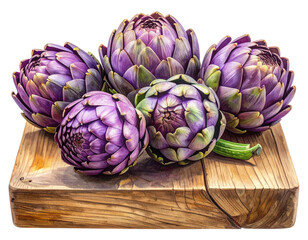 Fototapeta premium Fresh purple artichokes arranged on a rustic wooden board