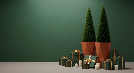 Elegant christmas presents and candles arranged with tall topiaries against a dark green wall