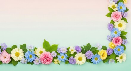 Fototapeta premium Floral arrangement with pastel flowers and green leaves on a gradient background design element