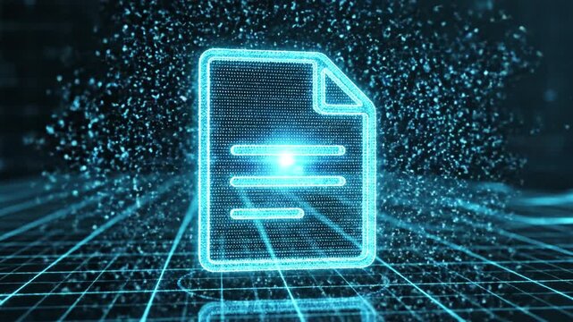 Futuristic digital document icon glows in vibrant environment, showcasing holographic technology and innovative data management with intricate particles and glowing blue core