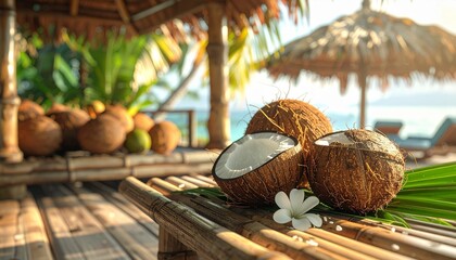 Two coconuts—one whole, one split—rest beside a white flower and palm leaf on a sunlit beachside table, with thatched roofs and ocean views in the background. The scene evokes tropical serenity, fresh