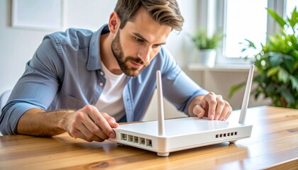 A person adjusts a white wireless router on a wooden table in a sunlit room—evoking connection, clarity, and the quiet rhythm of modern digital life.