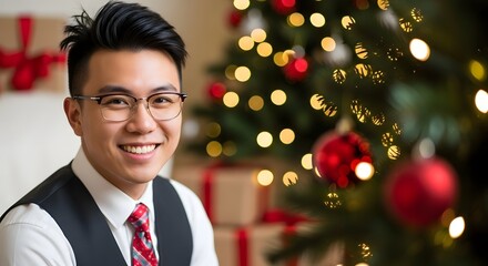 Smiling asian man in festive attire poses in front of a decorated christmas tree