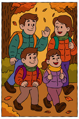 family autumn season hiking. cartoon style hand drawn drawing.