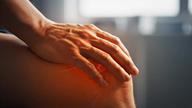 Close Up Of A Person's Hand Massaging A Sore Knee With Warm Orange Glow Indicating Pain And Discomfort In A Blurred Indoor - Powered by Adobe