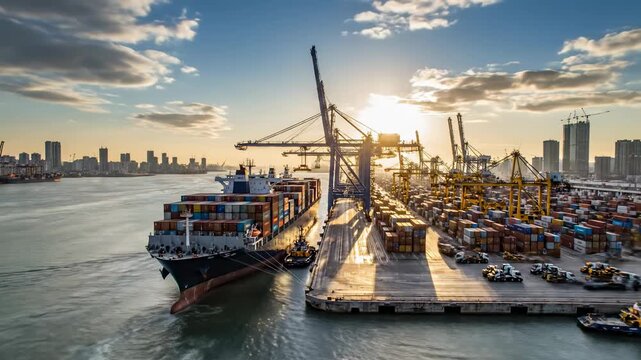 Stunning Sunset Over Container Port: A Majestic View of Shipping Operations Amidst Colors of Twilight and Marshaling of Cargo Ships and Cranes