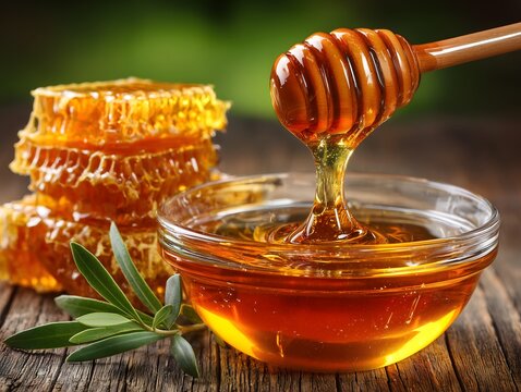 Honey dripping from honey dipper into glass bowl on wooden table