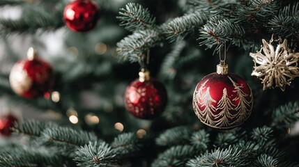 Close - up of Christmas Tree Decorations: Red Ornaments with Gold Details and a Snowflake Decoration