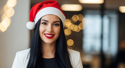 Smiling woman wearing a festive santa hat and blazer with blurred holiday lights background