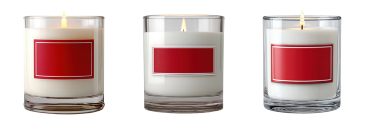 Three glass candles with red labels isolated on a transparent background