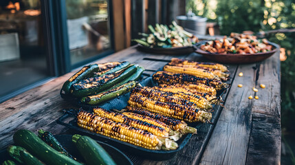 Summer Vegetables On Rustic Pine Table Char