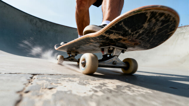 A close-up low angle shot of a skateboarder's feet and board grinding the edge of a concrete ramp in bright sunlight outdoors.