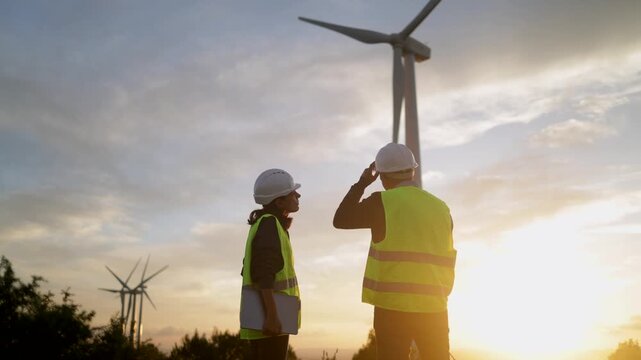 Two engineers in hard hats and safety vests review laptop data at a wind farm at sunset, collaborating on renewable energy projects and sustainable development planning and inspection