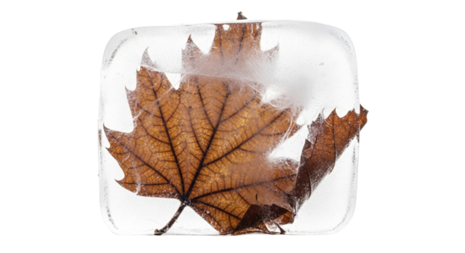 Frozen leaf in ice close-up with copy space and transparent background  