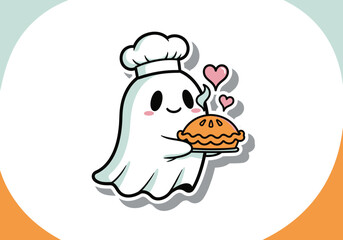 Cute Ghost Chef Holding Pie Cartoon Illustration