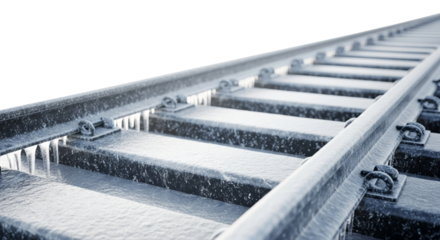 Frozen metal rail close-up showing icy subway tracks in winter  isolated on a transparent background  