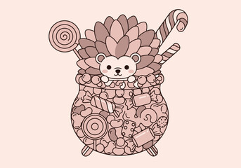 Adorable Cat Surrounded by Candy and Lollipops Illustration