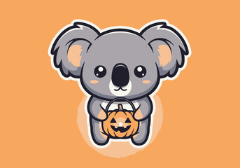 Cute Koala Holding Pumpkin Halloween Cartoon