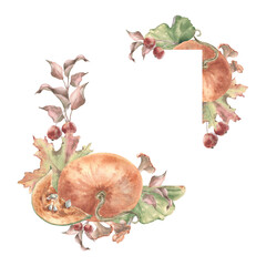 Vintage autumn flora square frame with soft orange pumpkins whole and pieces hand painted. Delicate watercolor harvest with muted leaves and crabapples branches isolated. Frame for fall stationery.