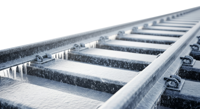 Frozen metal rail close-up showing icy subway tracks in winter  isolated on a transparent background  