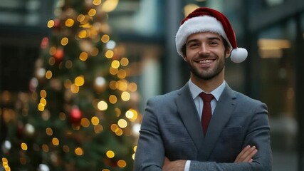Businessman in suit wearing santa hat smiling in modern office corporate holiday concept festive celebration cheerful employee christmas season professional portrait - Powered by Adobe