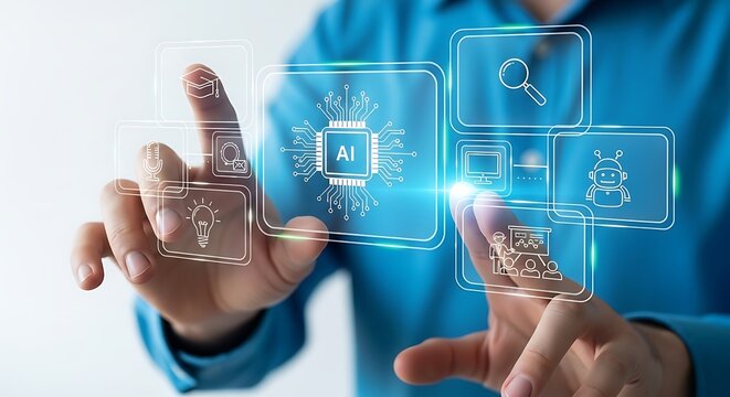 An adult man presses digital AI interface icons with light glowing on a glass screen