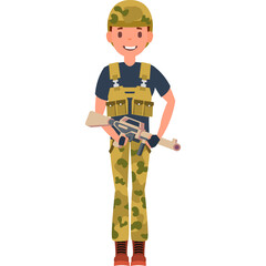 Cartoon Soldier Male Vector Illustration in Camouflage Uniform Holding a Rifle Standing Against White Background