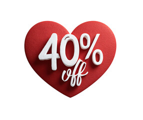 Forty percent off sale promotion on a red heart for valentine's day special on transparent background