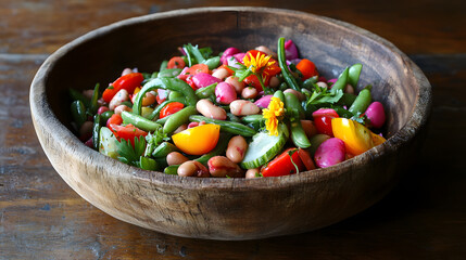 Summer Bean Salad Rough Wooden Bowl On