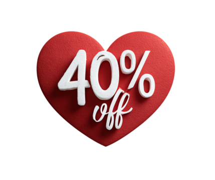 Forty percent off sale promotion on a red heart for valentine's day special on transparent background