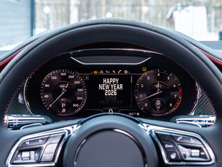 Close-up of a black speedometer with "Happy New Year 2026". The theme highlights the new year and Christmas within the automotive context.