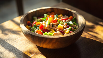Summer Bean Salad Rough Wooden Bowl On