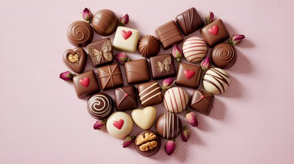 Heart-shaped gourmet chocolate assortment with romantic rosebuds