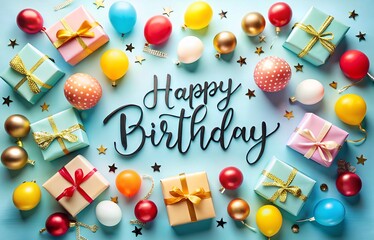 Happy birthday text effect wish with balloon and gift boxs