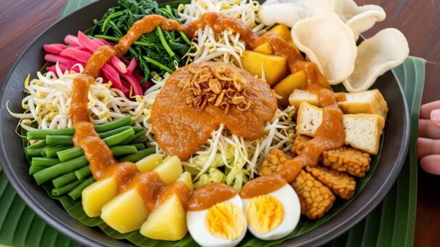 Gado-gado, a traditional Indonesian salad. A mix of blanched vegetables, egg, tofu, and tempeh, all covered in a rich and savory peanut sauce.