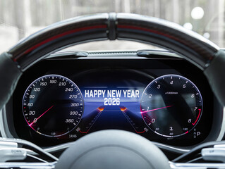 Close-up of an automobile instrument panel showing odometer, speedometer, tachometer, and fuel gauge, featuring a message that reads "Happy New Year 2026."