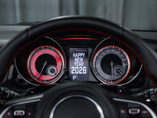 Close-up of a black speedometer with the message "Happy New Year 2026." The design captures the theme of new year and Christmas within the automotive industry, emphasizing countdowns, counting months