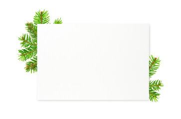 Christmas greeting card template with green fir branch and natural white paper background. Holiday mockup with copy space seasonal greetings, invitations, festive decoration concepts. Design element