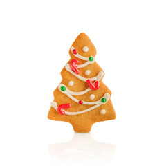 Christmas Gingerbread cookie in fir tree shape isolated on white background with clipping path. Christmas card design element.