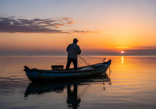 A fisherman catching fish on a boat at sunrise, calm water, realistic scenery. - Powered by Adobe