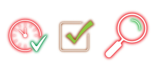 Neon Check Mark, Time Management and Search Icons Set for Task Verification and UI Design